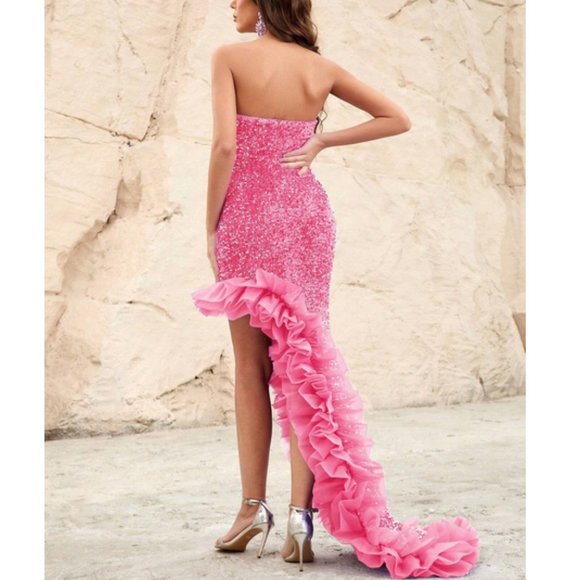 Glam Barbie Ruffle Trim Split Thigh Sequin Tube Formal Dress Pink - Picture 3 of 8